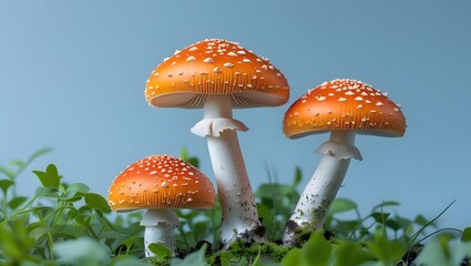 Obraz premium Enchanted Forest Trio Threevibranttoadstoolsstandtall,theirorangecapsdottedwithwhite,amidstlushgreenfoliage.Acaptivatingnaturestudy.