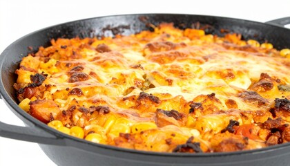 Classic one-pan and casserole meals isolated on white background with warm tones and full depth of field for comforting visuals