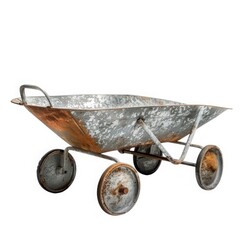 Rusty wheelbarrow metal cart isolated on white background