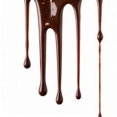 Close-up of chocolate drizzle on isolated white background with smooth flow and soft lighting for indulgent food visuals