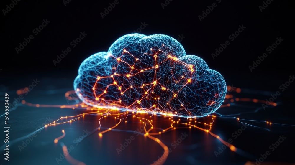 Poster digital cloud computing network illustration with glowing data connections and technology concept