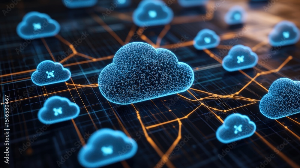 Poster highly detailed digital illustration of cloud computing with multiple interconnected clouds on digit