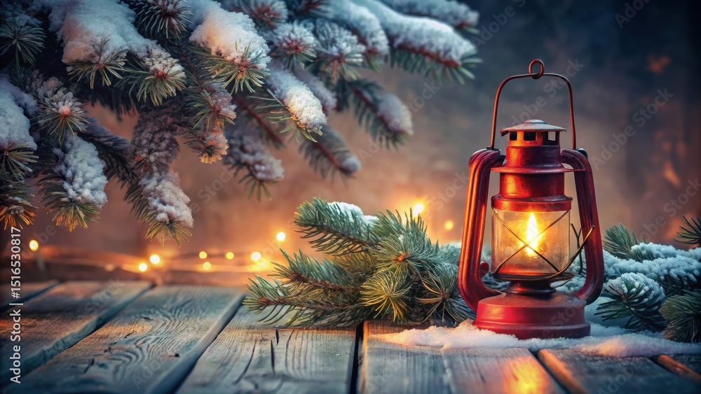 Poster a rustic lantern's warm glow amidst a snowy winter scene with evergreen branches and soft lights