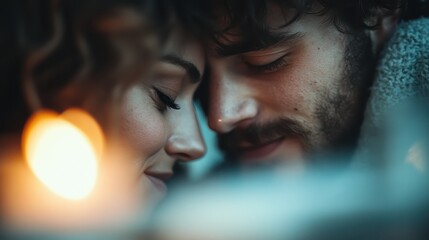 An evocative close-up of a young couple sharing an intimate moment, highlighting their affection and connection against a warm, softly lit background, capturing love beautifully.