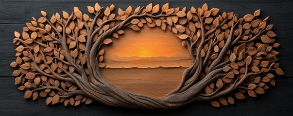 A beautifully crafted wooden relief of a tree with leaves, framing a serene sunset over water, symbolizing nature's beauty.