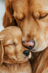 A heartwarming moment of a golden retriever and its puppy cuddling closely, showcasing their bond and affection.