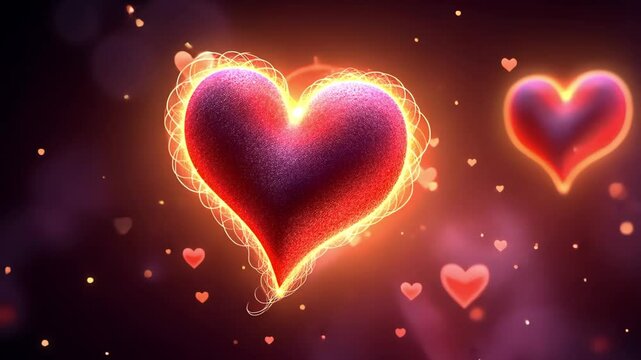 A glowing pink heart with sparkling particles on a dark background. A red heart glowing on Valentine's Day. Shots on the theme of love.