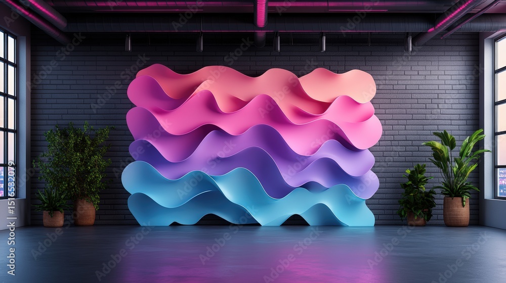 Poster vibrant abstract wave sculpture with colorful layered design in modern studio setting with plants