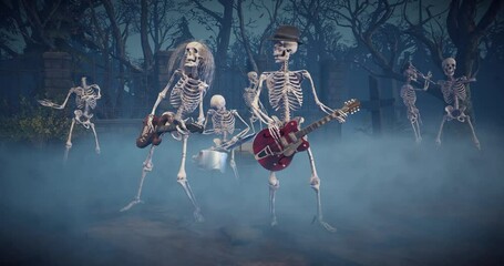 Halloween party: eerie music group playing rock in frightening gothic graveyard. Amusing skeletons dancing, playing guitars and drums.
Animated video for greeting cards, invitations, posters, events,  - Powered by Adobe
