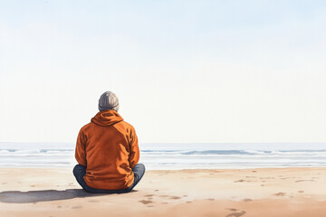 A person in an orange hoodie sitting on the beach, enjoying the calm waves and peaceful atmosphere under the clear sky.