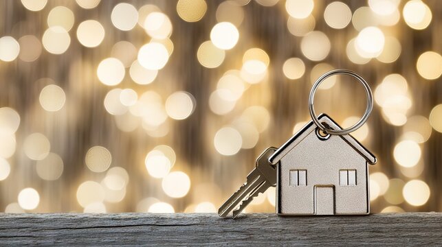 House shaped keychain with keys against a backdrop of bokeh lights.