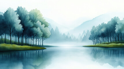 A serene landscape featuring calm waters, lush trees, and misty mountains creating a tranquil environment for reflection.