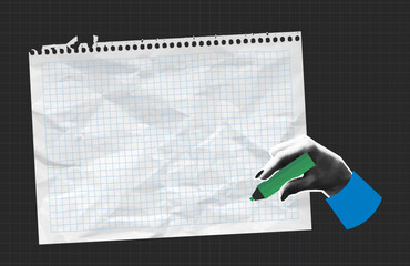 Halftone collage with hand holding marker and torn, crumpled sheet of notebook paper. Modern collage template with halftone elements for design. Vector.