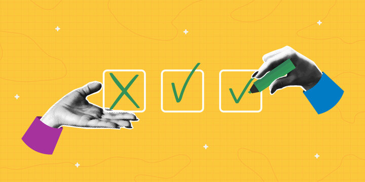 Checklist collage banner with halftone hands. Hand holding marker and putting a check mark or cross in checkbox. Collage design with halftone elements. Concept of check list. Vector.