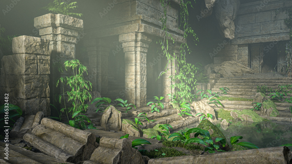 Aufkleber ancient fantasy ruined buildings in an overgrown cave with sunlight streaming in from above. 3d rend