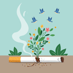 Broken Cigarette with Flowers and Birds – Creative Anti-Smoking Concept Illustration