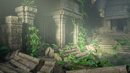 Ancient fantasy ruined buildings in an overgrown cave with sunlight streaming in from above. 3D rendered illustration.