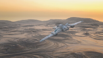 Space ship flying over a barren alien desert landscape. 3D rendering.