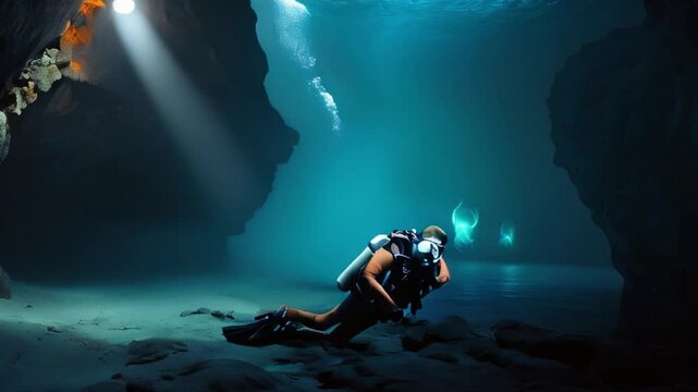 sublime underwater cave dive with glowing creatures created with generative ai