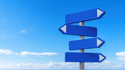 A vibrant blue directional signpost against a clear sky, symbolizing choices and journeys in travel and exploration.