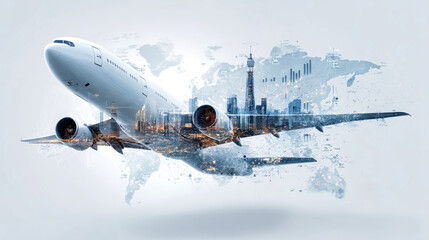 Airplane flying over globe with cityscape and business charts symbolizing global logistics and air transport