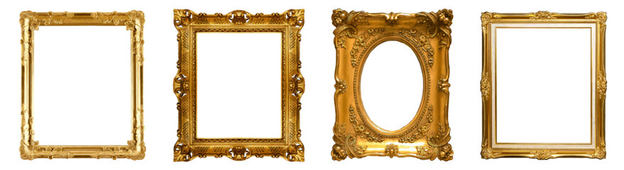 Set of vintage ornate gold frames with floral decorations. Elegant classical design perfect for portraits, photos, posters, art prints, antique style decor and retro projects.