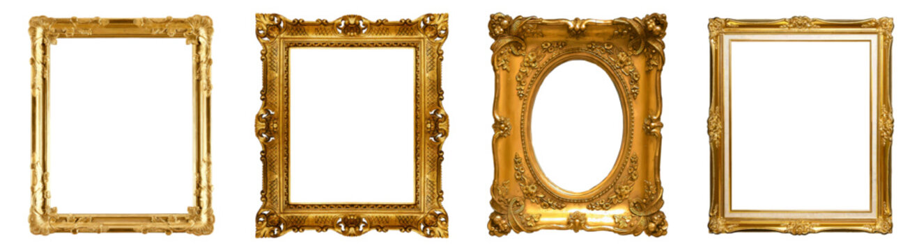 Naklejki Set of vintage ornate gold frames with floral decorations. Elegant classical design perfect for portraits, photos, posters, art prints, antique style decor and retro projects.
