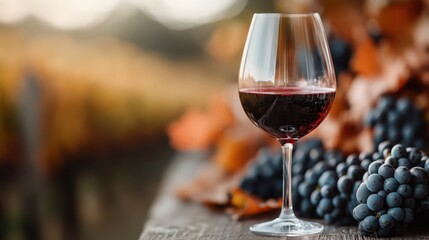 A stunning glass of rich red wine is beautifully positioned next to fresh grapes amidst an autumn vineyard backdrop, representing indulgence and nature's bounty.