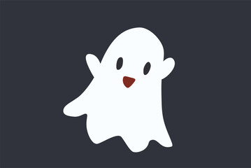 A single white ghost with a happy expression floating on a black background, ideal for Halloween-themed design and decoration. Vector illustration