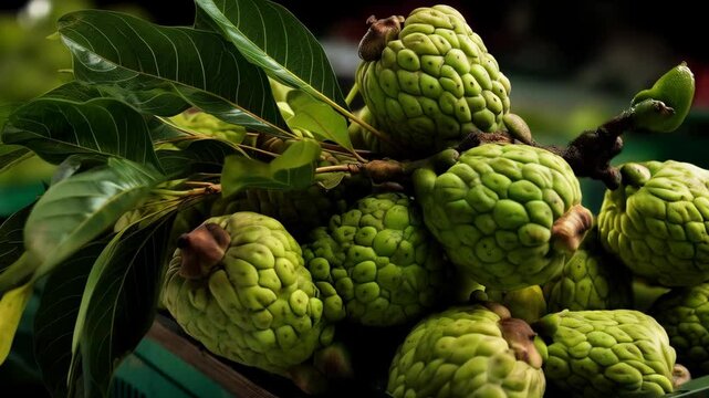 Pile of fresh bright green custard apples with leaves sit in a green crate ready to be sold.