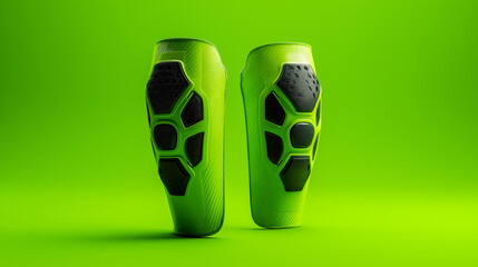 Bright neon green soccer shin guards on vivid green background, representing safety gear, sports accessories, athletic branding and football protection visuals