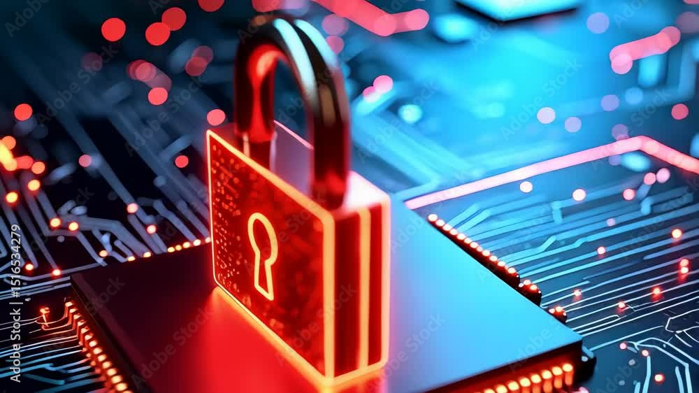 Poster Cyber security concept featuring a glowing red padlock on top of a computer chip with circuit board connections, emphasizing data protection.