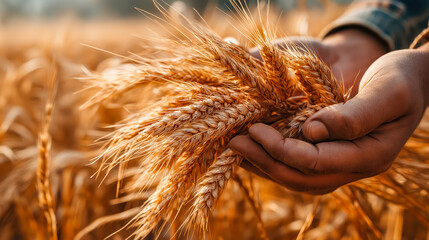 Farmer's hands gently holding golden barley heads in field at sunset, symbolizing harvest season, agricultural lifestyle and grain production marketing