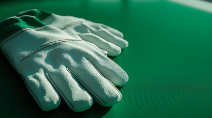 Pair of white rowing gloves placed on emerald green table in bright light, ideal for water sports advertising, rowing gear promotion and athlete branding