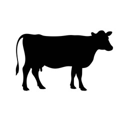 A simple silhouette of a cow standing in profile on a white background view