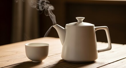 Warm and Cozy Steaming Teapot and Cup on Wooden Table