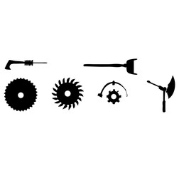 Isolated monochrome silhouette of various mechanical tools on a white background
