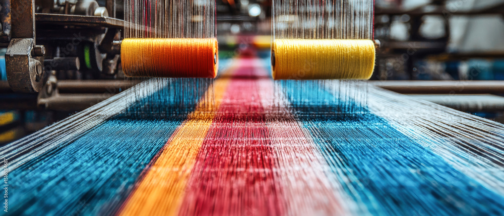 Poster colorful threads being skillfully woven on a loom in a textile factory with intricate detail