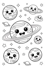 Coloring page of cute cartoon planets and stars isolated on white background for kids activity