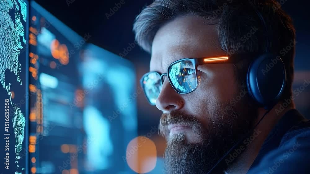 Poster focused man with beard and glasses wearing headphones, working computer with digital data and code s