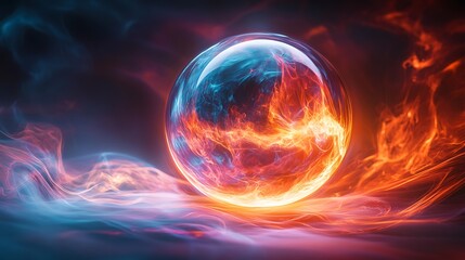 Fototapeta premium Orb of Duality: Captivating interplay of fire and ice energy within a glass sphere