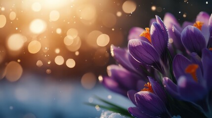 A vibrant cluster of purple crocuses emerges from the snow, glowing under soft golden light, symbolizing renewal, hope, and the beauty of spring.