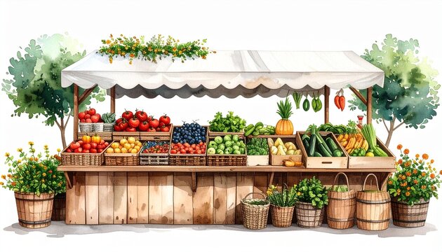 Local food initiative watercolor concept. Colorful fruit and vegetable market stand with baskets and greenery.