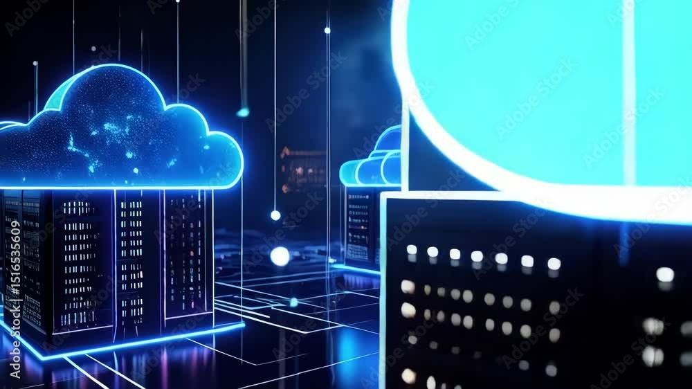 Poster digital data servers under glowing cloud computing network, concept of information technology