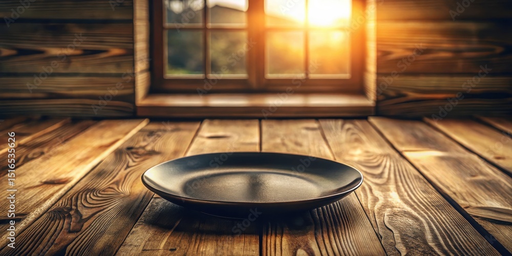 Aufkleber Rustic wooden table setting with an empty dark plate near a sunlit window, ready for a delicious meal or presentation