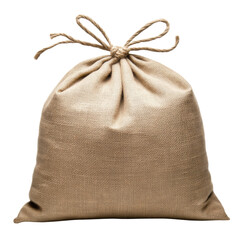 Brown jute sack tied with rope, perfect for storing various items, exuding rustic charm and natural appeal