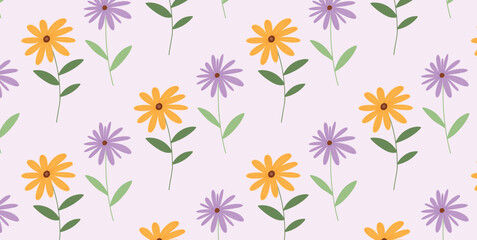Seamless pattern with Black Eyed Susan and Purple Coneflower. Yellow and purple floral elements with green leaves on light pastel background. Flat vector illustration for fabric and decor.