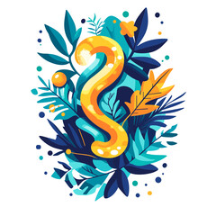 Abstract Golden Swirl Surrounded by Decorative Botanical Foliage with Blue and Green Tones and White Background