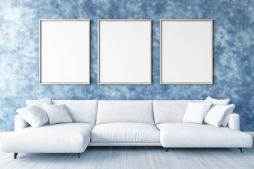 Modern Sectional Sofa Blue Wall Mockup Three Frames Minimalist Home Decor Interior Design Elegant   