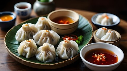 A plate of Chinese dim sum with dumplings and dipping sauces 